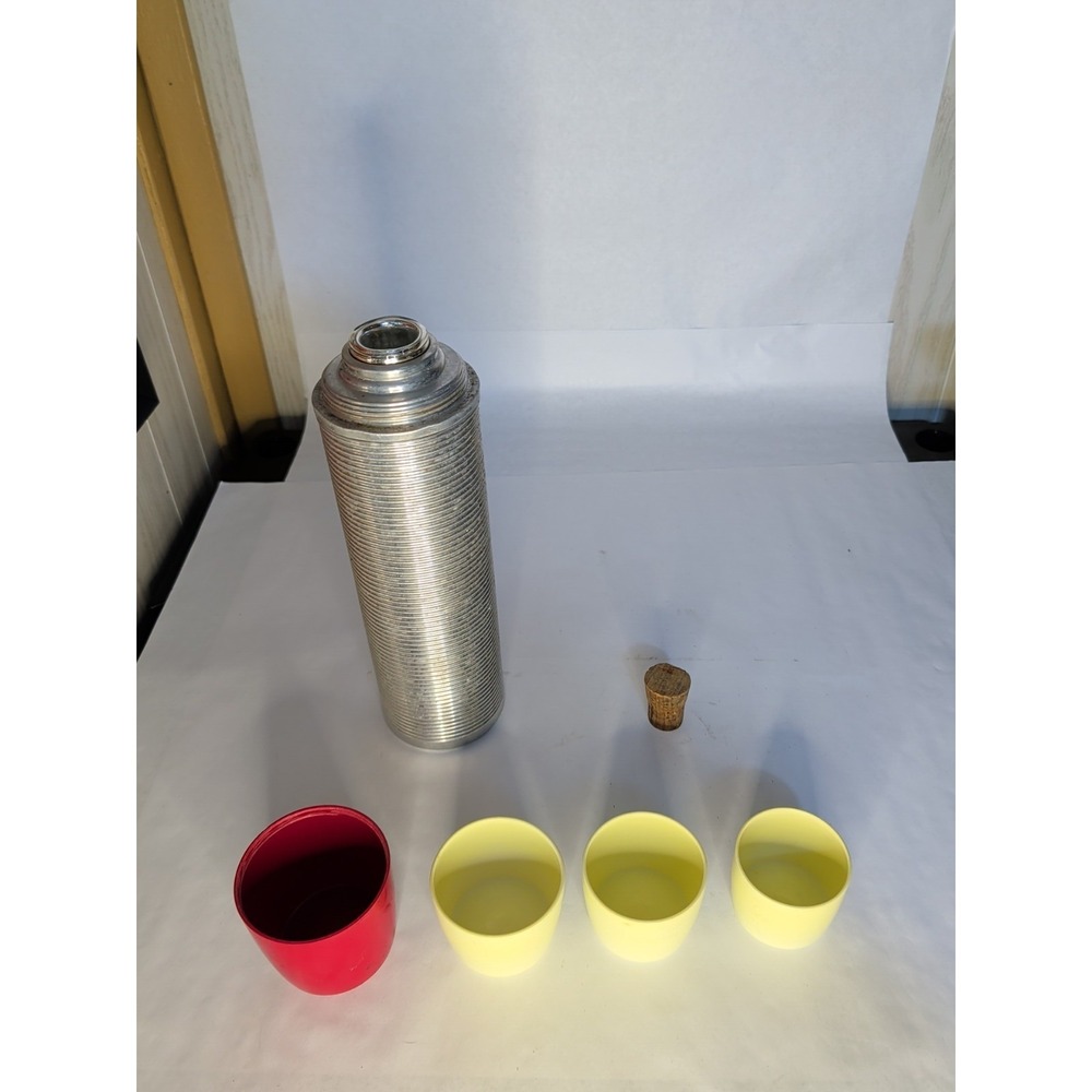 Vintage Thermos Brand Vacuum Bottle No. 2484 Ribbed, Red Cap W/3 Extra Cups